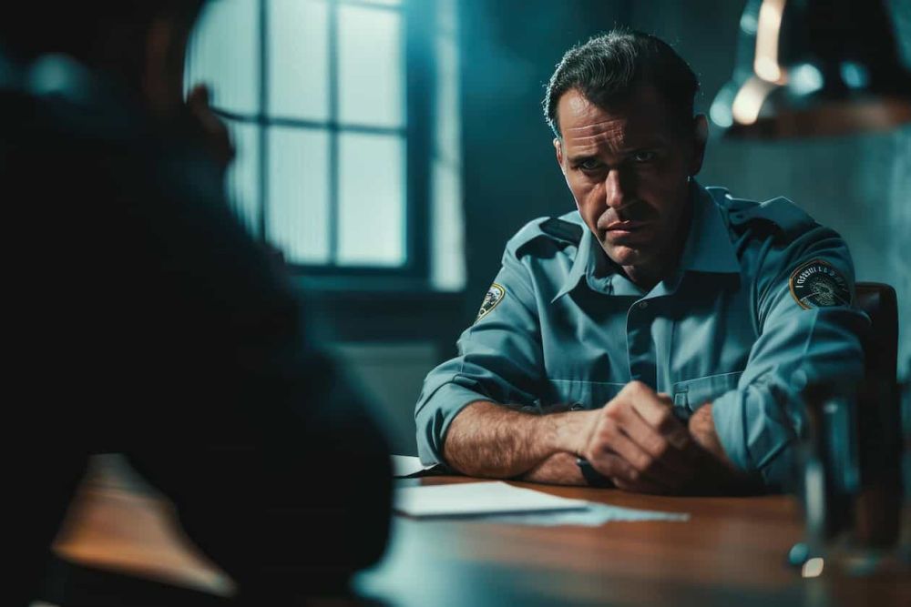 A criminal investigator questioning a suspect during a police interview process.