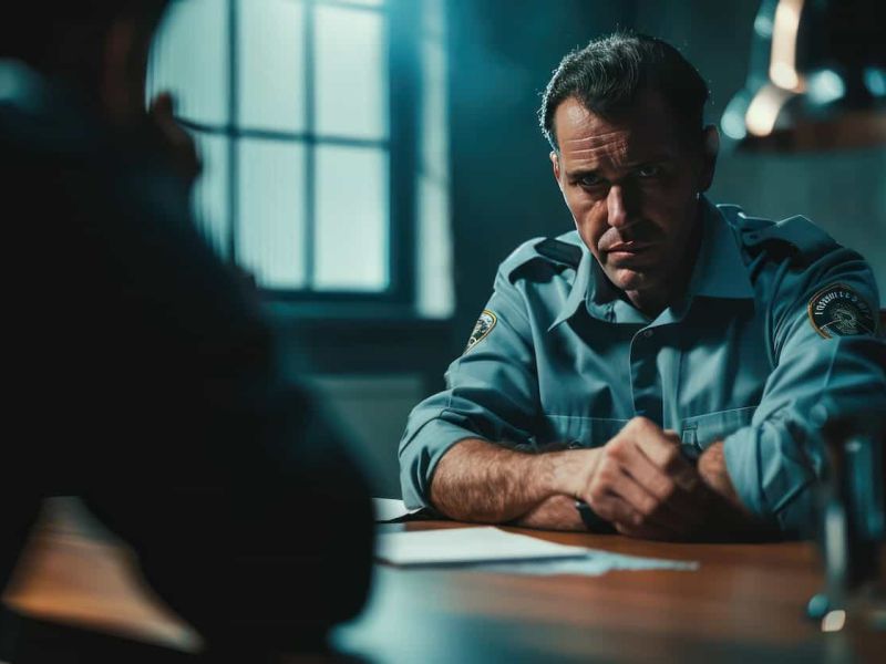 A criminal investigator questioning a suspect during a police interview process.