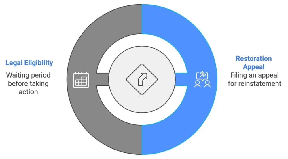 A circular infographic displays a process in two main sections: 'Restoration Appeal' with a symbol for filing an appeal and 'Legal Eligibility' with a calendar icon, indicating a waiting period.