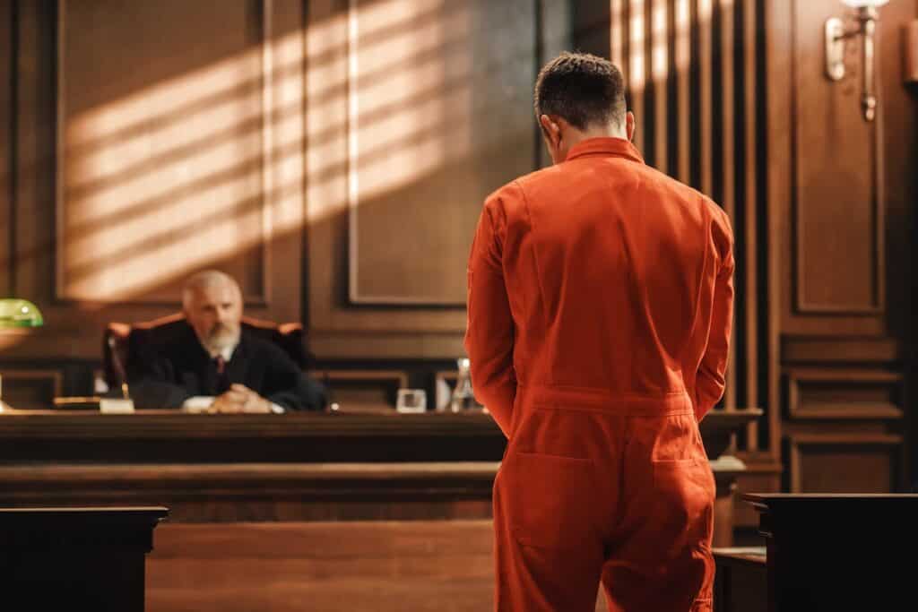 A man in an orange jumpsuit stands with his back to the viewer, facing a judge seated at a desk in a courtroom. Warm light filters through the room.