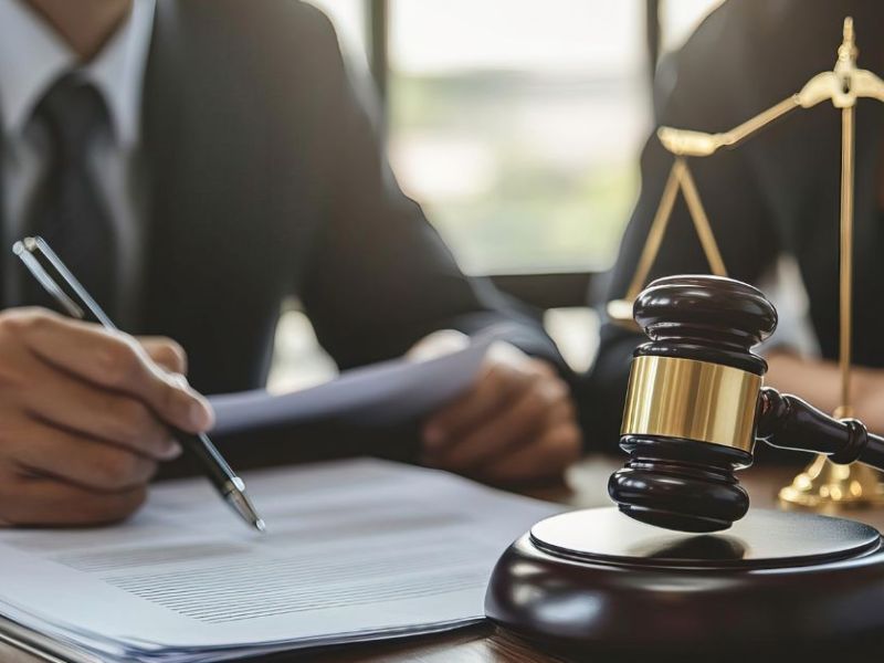 A gavel rests on a table while a person writes on documents nearby. Another individual is partially visible, and a scale of justice stands in the background, indicating a legal context.