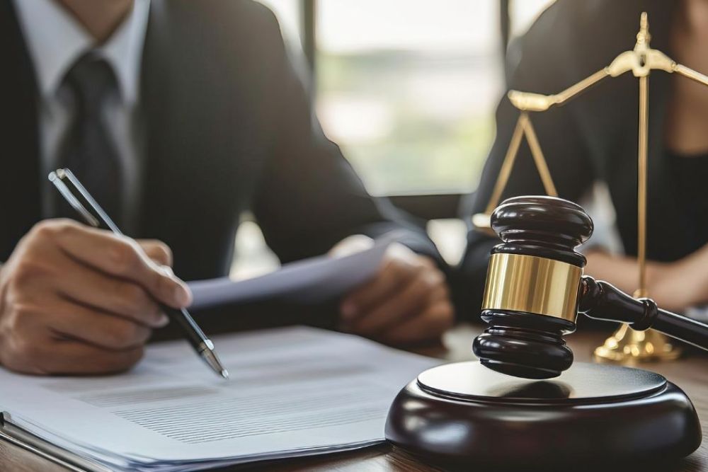 A gavel rests on a table while a person writes on documents nearby. Another individual is partially visible, and a scale of justice stands in the background, indicating a legal context.