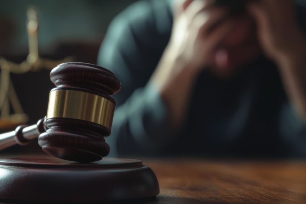 A wooden gavel rests prominently on a desk while a distressed person sits blurred in the background, clutching their head, conveying a sense of tension in a legal setting.