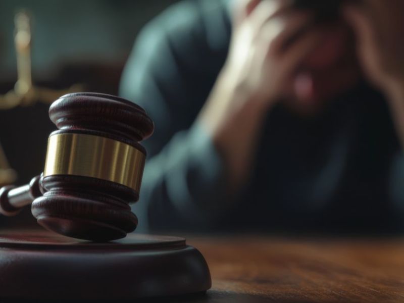 A wooden gavel rests prominently on a desk while a distressed person sits blurred in the background, clutching their head, conveying a sense of tension in a legal setting.