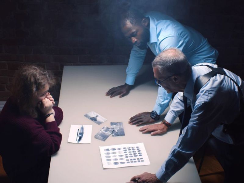 A woman sits anxiously at a table, while two men, one in a light blue shirt and the other in a suit, examine various photographs and papers under low lighting in a brick-walled room.
