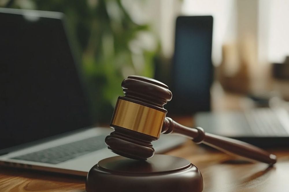 A wooden gavel rests on a polished table while laptops are visible in the background, suggesting a legal or professional context. Green plants add a touch of greenery to the scene.
