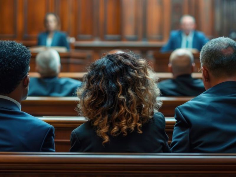 A group of individuals in formal attire sits in a wooden courtroom, attentively facing a speaker at the front, who addresses them amidst a quiet, solemn atmosphere.