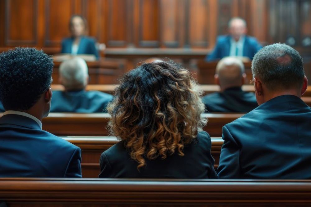 A group of individuals in formal attire sits in a wooden courtroom, attentively facing a speaker at the front, who addresses them amidst a quiet, solemn atmosphere.
