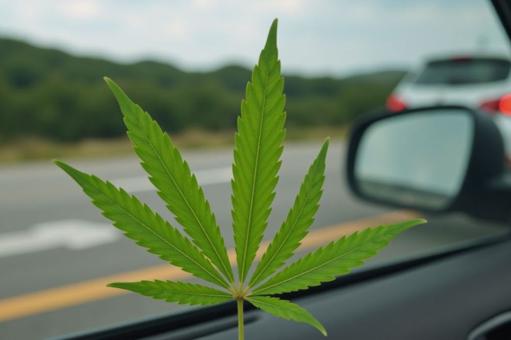A large green cannabis leaf is placed against an open car window, while a blurred road and a white car are visible in the background, leading into a natural landscape.