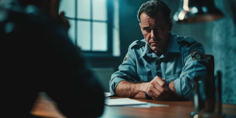 A criminal investigator questioning a suspect during a police interview process.