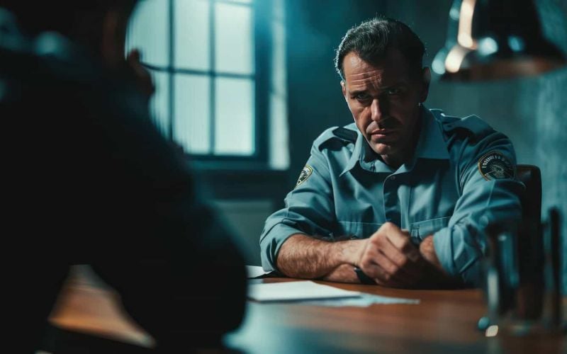 A criminal investigator questioning a suspect during a police interview process.
