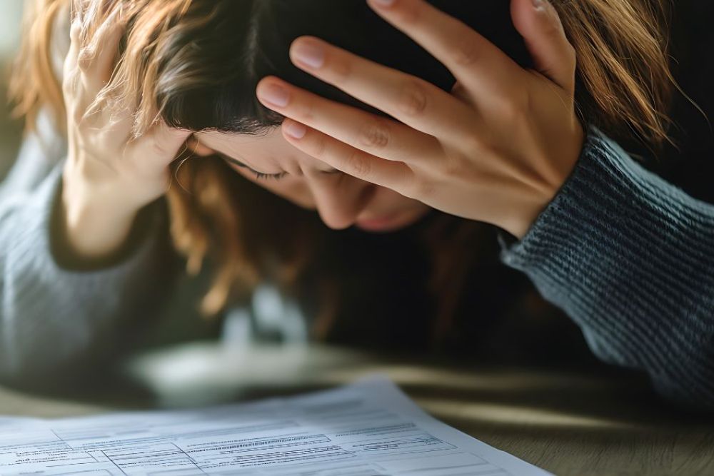 A woman sits at a table, holding her head in frustration. She looks distressed while papers are spread out in front of her, indicating a stressful situation.