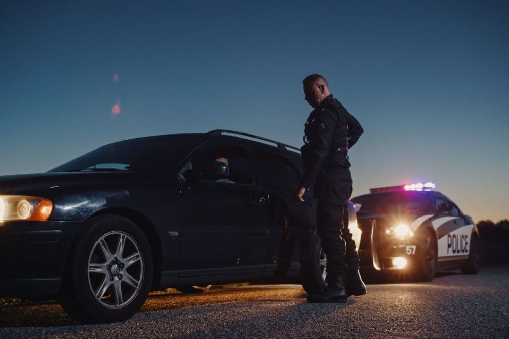 A police officer stands near a stopped black car, interacting with the driver. A marked police vehicle, with flashing lights, is parked nearby under a twilight sky.