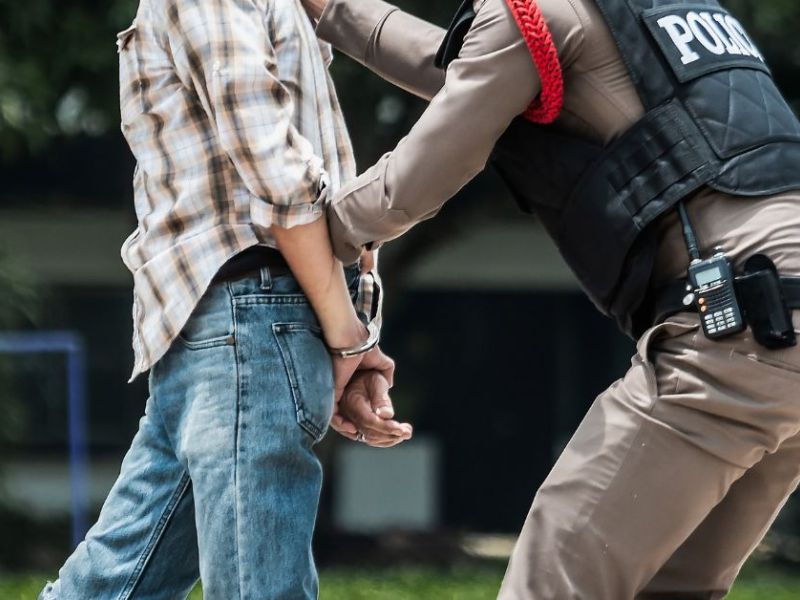 A police officer is handcuffing a person in a plaid shirt, who appears to be standing in a grassy area. There are structures visible in the background.