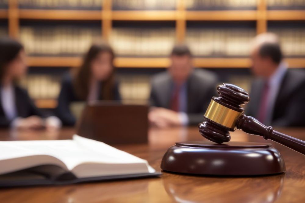 A gavel rests on a wooden table, symbolizing legal authority. In the background, blurred figures of individuals in formal attire appear engaged in discussion, with book-like materials lining the shelves behind them.